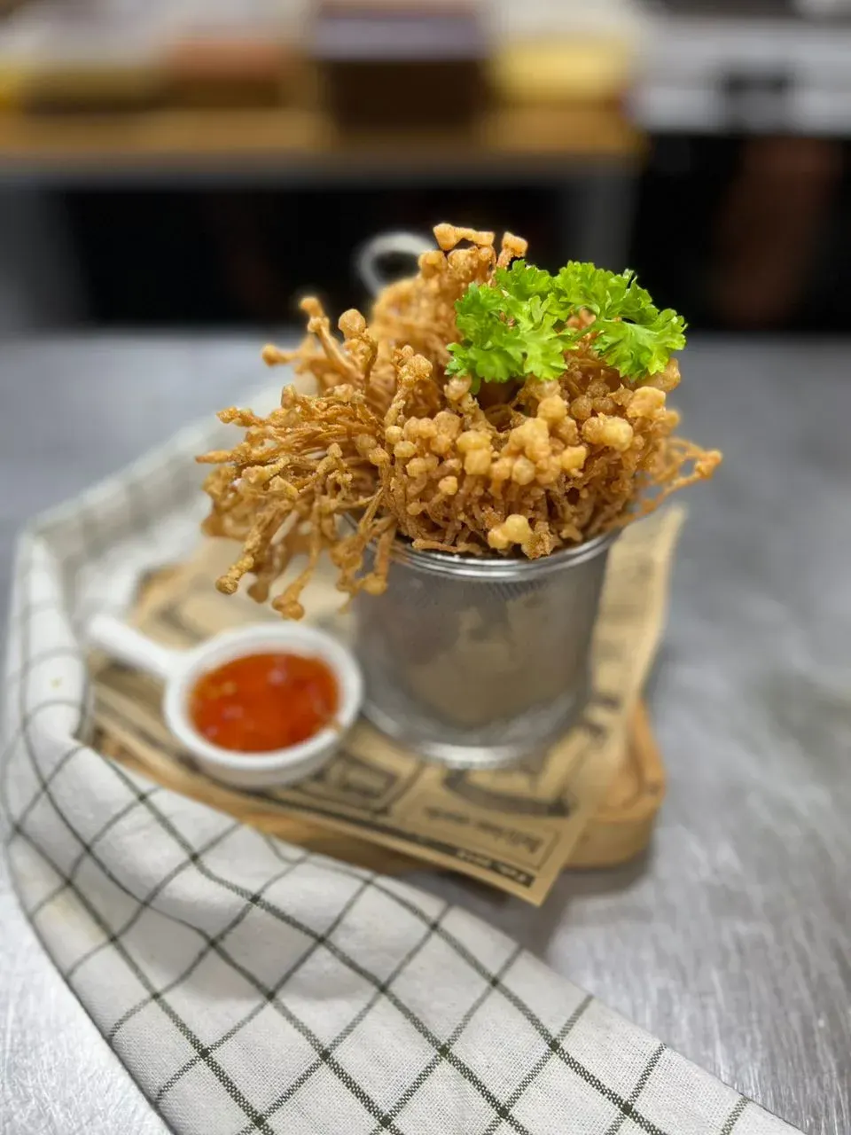 Crispy fried enoki with chilli dip